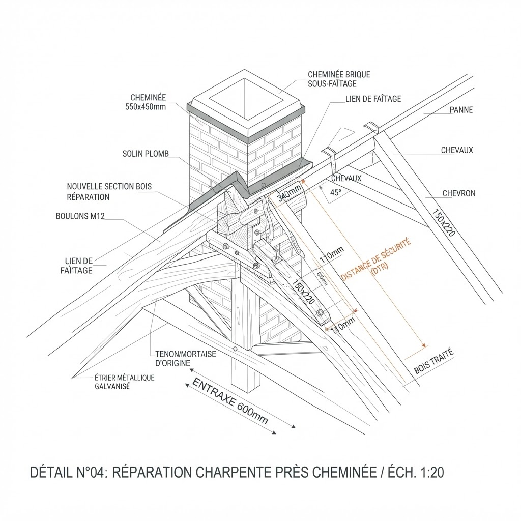 Illustration technique d'une charpente reprise près d'une cheminée, exemple fictif
