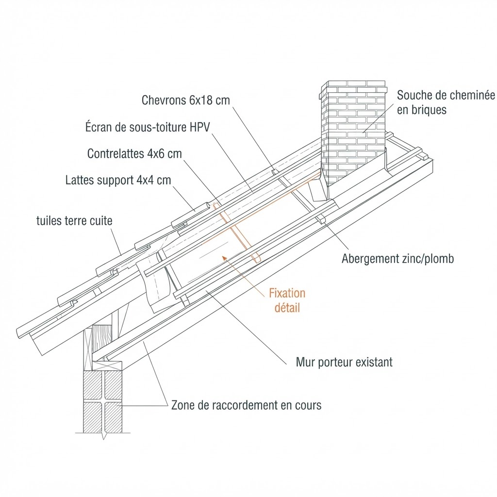 Illustration technique d'un écran de sous-toiture posé sur un pan de toiture, exemple fictif